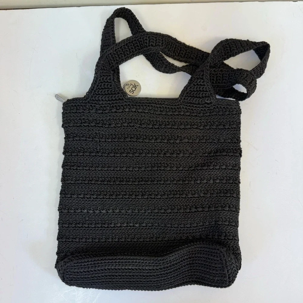 THE SAK Crochet Black Hobo Shoulder Bag Purse Beachy Boho Vacation Summer Travel